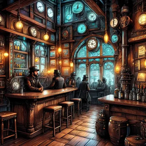 (men and women:1.4) drinking absinthe in busy tavern, heavy wooden barrels of absinthe, solid iron tables coal fireplace,detailed mirrors, dart board, dog sleeping by fireplace, barkeep washing glasses, serving staff, raucous behaviour,fiddle player, live music, industrial revolution,WoodIronAI,AbsinthePunkAI,<lora:WoodIronAIv2:0.5> <lora:AbsinthePunkAI:0.6>