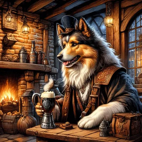 fantasy anthropomorphic rough collie warrior in dark tavern holding a pint of ale in a cozy environment with gas lamps rustic wood warm brick fireplace and frosted glass windows, Masterpiece realistic, best high quality, perfect details, intricate details, nice lighting, detailed background,<lora:InkedArtXL:1.0>