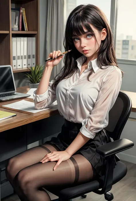 (masterpiece, best quality), a young black haired girl office secretary dressed in a transparent white blouse and black office skirt and black pantyhose ,sitting in an office chair, holding pencil, (detailed skin:1.3),(detailed eyes), (sharp focus), <lora:add_detail:1>