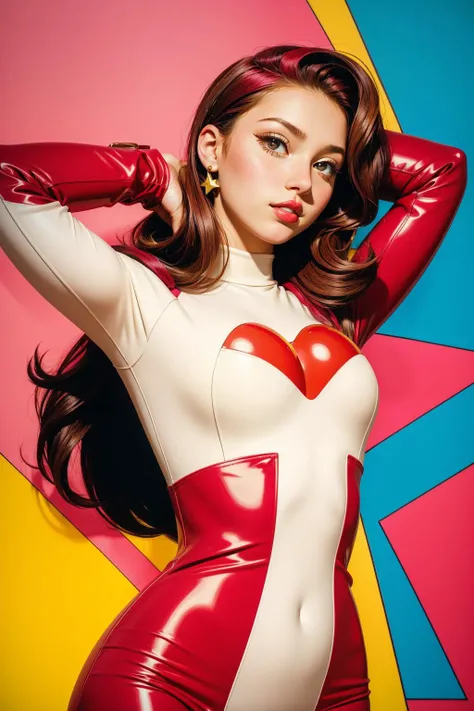 1girl, pop Art style Maroon and Cream "The Secret Code", it is very Depressing and Enchanting, bright colors, bold outlines, popular culture themes, ironic or kitsch