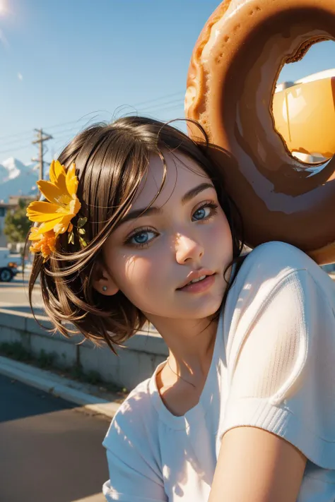 1girl, charming portrait, award winning, close up of a Albanian ([Garage:old-fashioned doughnut:4]:1.3) , it is very Heavenly and Astonishing, it is with Cyan print, it is sleek, near [2000'S|Elusive] city street, desolate mountains with Magnolia tree, at Sunrise, shallow depth of field, Ultrarealistic, Frightening, Orphism, Reflected light, Circular polarizer, three colors, delicate, (electric orange and Yellow:0.7) , Best quality, pixiv, close-up
