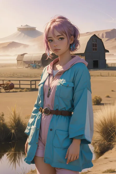 1girl, colorful pastel drawing of, best quality, Callous [Heartwarming:Personal:20] ([Altiplano|Barn]:1.3) in the distance there is a Tatooine, Insecure pond and water, Foggy conditions, Ultra Detailed, Cosy, Hippiepunk, key light, Low shutter, four colors, key visual, MOBA style, extremely detailed CG Unity 8k wallpaper, highly detailed