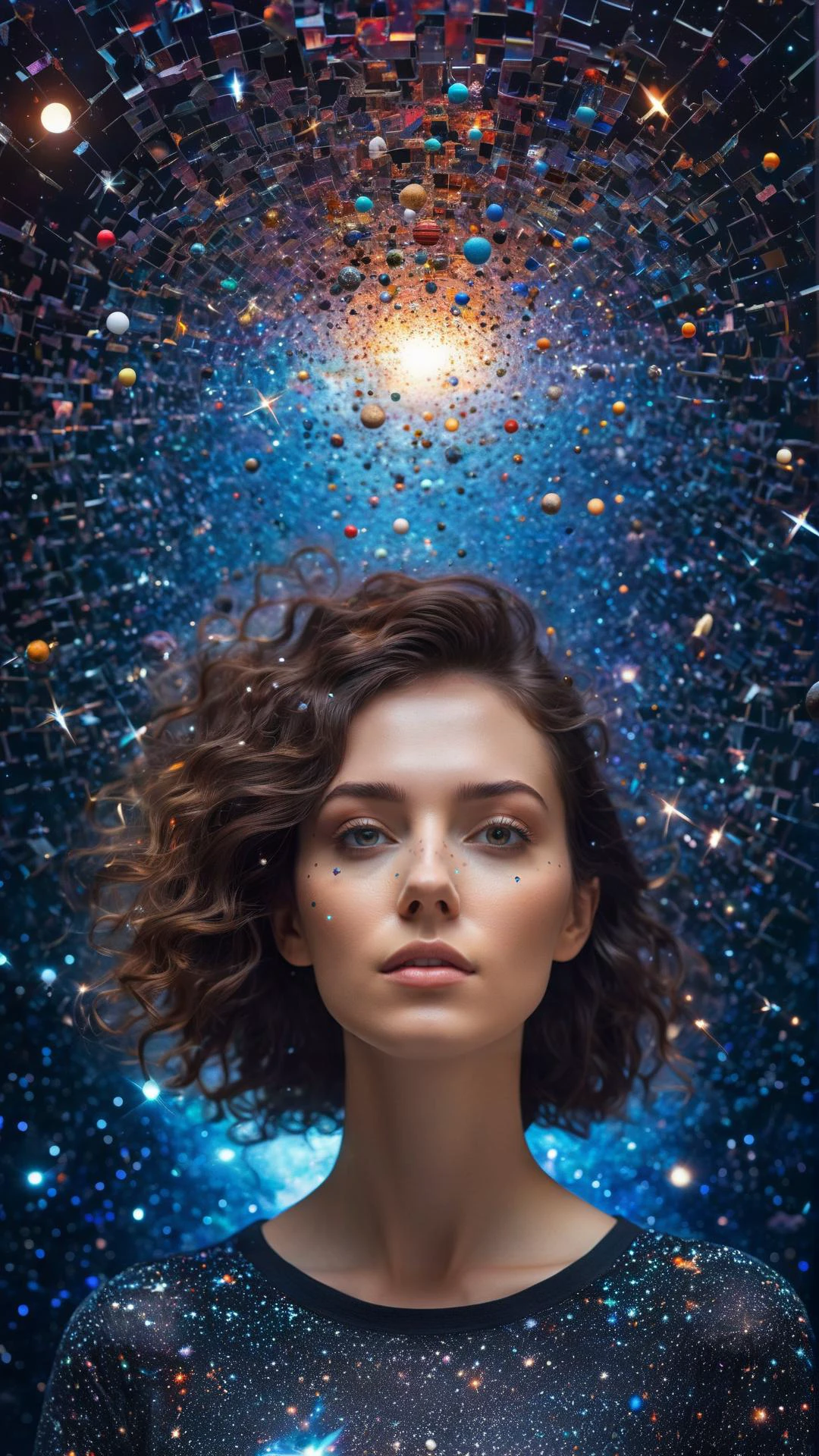 Space-themed Portrait of a young woman inside a broken galaxy, inspired by Adam Martinakis|Emmanuelle Moureaux, color photo . Cosmic, celestial, stars, galaxies, nebulas, planets, science fiction, highly detailed