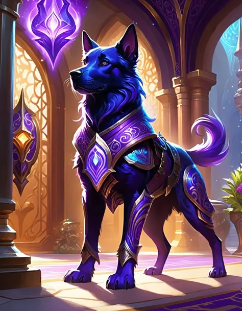 ethereal fantasy concept art of a large purple and black dog standing in a room, heroes of the storm splash art, armored feline companion, kaladesh, inspired by Franklin Carmichael, evil nanobot, by Victor Nizovtsev, cosmetics, by Joaqun Torres Garca, meow, metal tail, official product image . magnificent, celestial, ethereal, painterly, epic, majestic, magical, fantasy art, cover art, dreamy