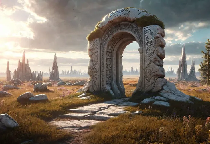 Hyperrealistic art fantasy Prairie landscape, a Rune covered (marble (stone)) portal in the Prairie, a detailed matte painting by Mike Winkelmann, cgsociety, fantasy art, forest portal, , cgsociety 9 . Extremely high-resolution details, photographic, realism pushed to extreme, fine texture, incredibly lifelike