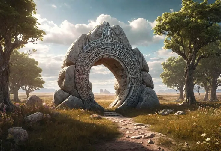 Hyperrealistic art fantasy Prairie landscape, a Rune covered (marble (stone)) portal in the Prairie, a detailed matte painting by Mike Winkelmann, cgsociety, fantasy art, forest portal, , cgsociety 9 . Extremely high-resolution details, photographic, realism pushed to extreme, fine texture, incredibly lifelike