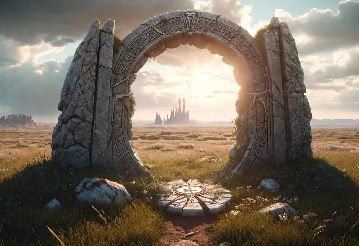 Hyperrealistic art fantasy Prairie landscape, a Rune covered (marble (stone)) portal in the Prairie, a detailed matte painting by Mike Winkelmann, cgsociety, fantasy art, forest portal, , cgsociety 9 . Extremely high-resolution details, photographic, realism pushed to extreme, fine texture, incredibly lifelike