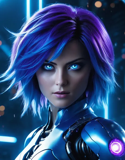 cinematic photo Hyperrealistic art a woman in a blue costume with purple hair and blue eyes, bisexual lighting, still from alita, blue and purple lighting, super saiyan sonic poster, official concept art, official artwork hdr, cool purple lighting, epic cold blue lighting, concept art for movie glowing netflix logo behind, purple lightning, movie stilrobot goku, movie concept a35mm photograph, film, bokeh, professional, 4k, highly detailed