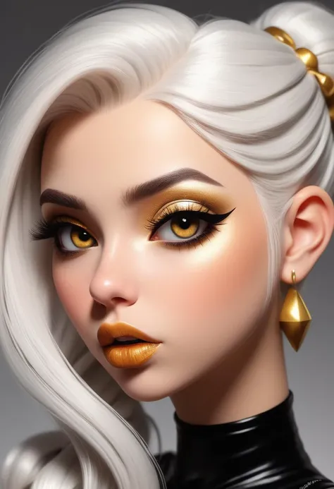 Detailed cartoon character, 1girl, ((long eyeliner, gold lipstick)), elaborate makeup, fierce short white hair, [button nose, big lips, piercings], emo, curvy, Disney princess, sexy, (8k, high definition), ((detailed face))