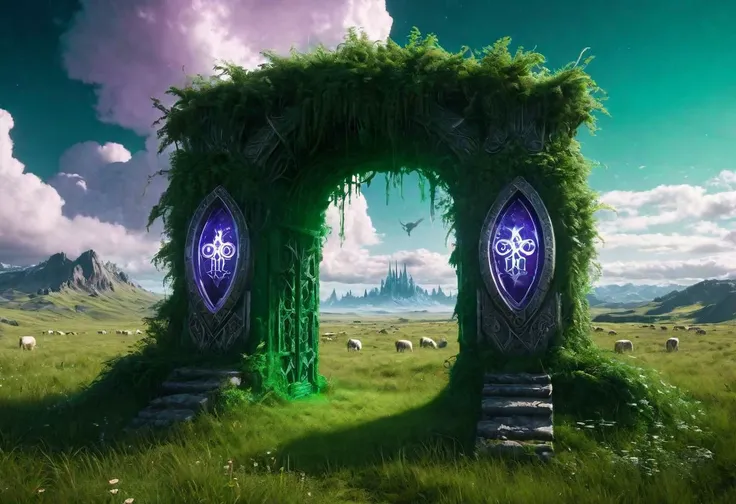 Hyperrealistic art fantasy lush Temperate Grassland landscape, a ((dark green:1.15)/(purple:.75) glowing Runes) covered (white stone) portal, a detailed matte painting by Mike Winkelmann, cgsociety, fantasy art, blue sky, Extremely high-resolution details, photographic, realism pushed to extreme, fine texture, incredibly lifelike
