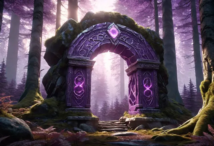 Hyperrealistic art fantasy northern forest landscape, a GlowingRunesAI_purple covered (marble (stone)) portal in the forest, a detailed matte painting by Mike Winkelmann, cgsociety, fantasy art, forest portal, , cgsociety 9 . Extremely high-resolution details, photographic, realism pushed to extreme, fine texture, incredibly lifelike
