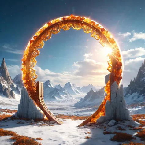 Hyperrealistic art fantasy tundra landscape, a glowing multi-colored Runes covered ((amber) crystal)/((white) Marble) (magical:1.2) Circular gate (portal:1.3), a detailed matte painting by Mike Winkelmann, cgsociety, fantasy art, blue sky, Extremely high-resolution details, photographic, realism pushed to extreme, fine texture, incredibly lifelike