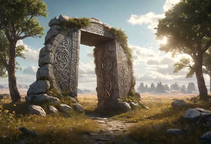Hyperrealistic art fantasy Prairie landscape, a Rune covered (marble (stone)) portal in the Prairie, a detailed matte painting by Mike Winkelmann, cgsociety, fantasy art, forest portal, , cgsociety 9 . Extremely high-resolution details, photographic, realism pushed to extreme, fine texture, incredibly lifelike