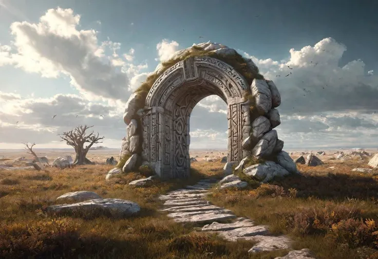 Hyperrealistic art fantasy Prairie landscape, a Rune covered (marble (stone)) portal in the Prairie, a detailed matte painting by Mike Winkelmann, cgsociety, fantasy art, forest portal, , cgsociety 9 . Extremely high-resolution details, photographic, realism pushed to extreme, fine texture, incredibly lifelike
