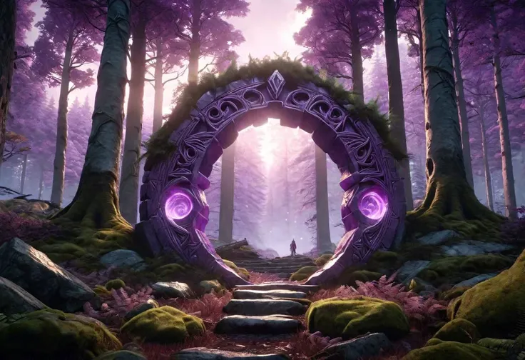Hyperrealistic art fantasy northern forest landscape, a GlowingRunesAI_purple covered (marble (stone)) portal in the forest, a detailed matte painting by Mike Winkelmann, cgsociety, fantasy art, forest portal, , cgsociety 9 . Extremely high-resolution details, photographic, realism pushed to extreme, fine texture, incredibly lifelike