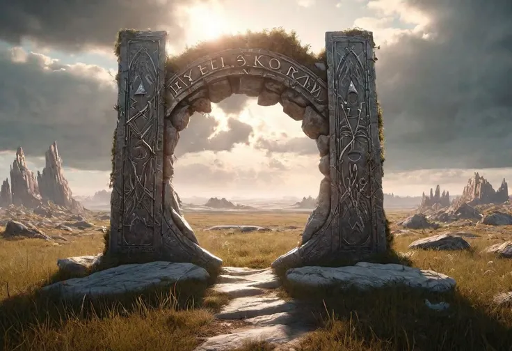 Hyperrealistic art fantasy Prairie landscape, a Rune covered (marble (stone)) portal in the Prairie, a detailed matte painting by Mike Winkelmann, cgsociety, fantasy art, forest portal, , cgsociety 9 . Extremely high-resolution details, photographic, realism pushed to extreme, fine texture, incredibly lifelike