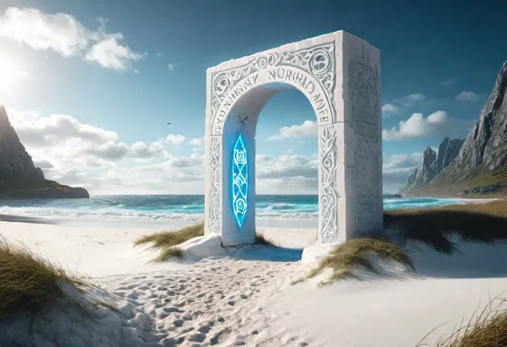 Hyperrealistic art fantasy harsh Nordic beach landscape, a glowing Runes covered (white stone) magical portal, a detailed matte painting by Mike Winkelmann, cgsociety, fantasy art, magical stone portal, blue sky, Extremely high-resolution details, photographic, realism pushed to extreme, fine texture, incredibly lifelike