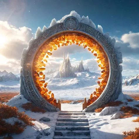Hyperrealistic art fantasy tundra landscape, a glowing multi-colored Runes covered ((amber) crystal)/((white) Marble) (magical:1.2) Circular gate (portal:1.3), a detailed matte painting by Mike Winkelmann, cgsociety, fantasy art, blue sky, Extremely high-resolution details, photographic, realism pushed to extreme, fine texture, incredibly lifelike