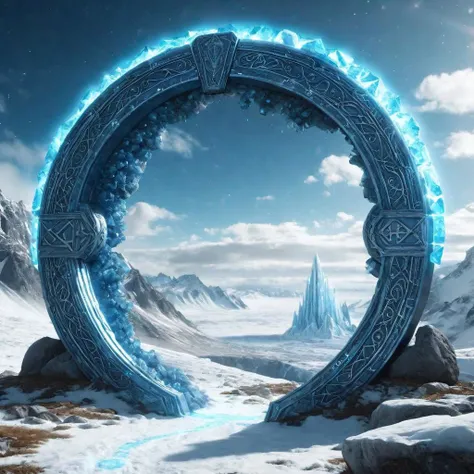 Hyperrealistic art fantasy tundra landscape, a glowing Runes covered ((blue) crystal)/((white) Marble) (magical:1.2) Circular gate (portal:1.3), a detailed matte painting by Mike Winkelmann, cgsociety, fantasy art, blue sky, Extremely high-resolution details, photographic, realism pushed to extreme, fine texture, incredibly lifelike
