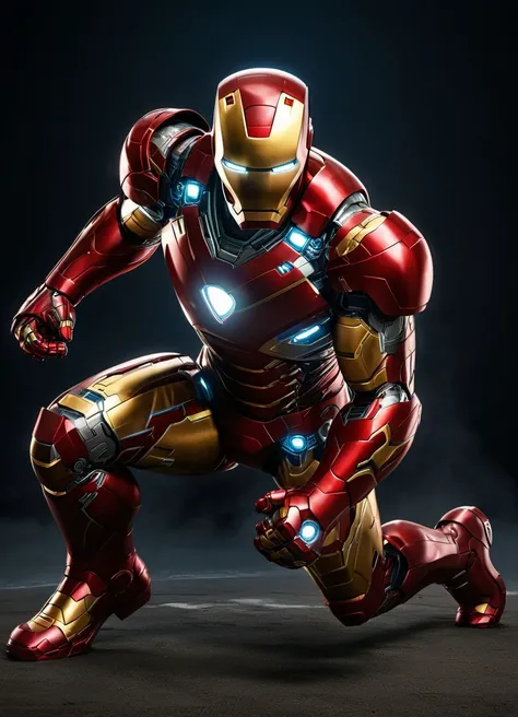 Hyperrealistic art Fighting game style ironman, superhero landing, stands on one knee,
. Dynamic, vibrant, action-packed, detailed character design, reminiscent of fighting video games . Extremely high-resolution details, photographic, realism pushed to extreme, fine texture, incredibly lifelike