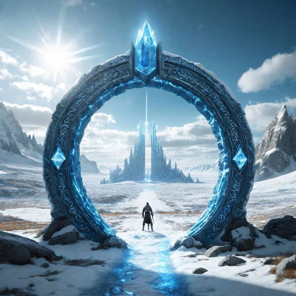 Hyperrealistic art fantasy tundra landscape, a glowing Runes covered ((blue) crystal)/((white) Marble) (magical:1.2) Circular gate (portal:1.3), a detailed matte painting by Mike Winkelmann, cgsociety, fantasy art, blue sky, Extremely high-resolution details, photographic, realism pushed to extreme, fine texture, incredibly lifelike