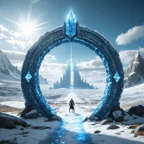 Hyperrealistic art fantasy tundra landscape, a glowing Runes covered ((blue) crystal)/((white) Marble) (magical:1.2) Circular gate (portal:1.3), a detailed matte painting by Mike Winkelmann, cgsociety, fantasy art, blue sky, Extremely high-resolution details, photographic, realism pushed to extreme, fine texture, incredibly lifelike