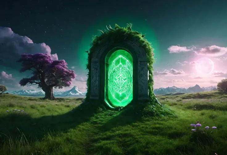 Hyperrealistic art fantasy lush Temperate Grassland landscape, a ((dark green:1.15)/(purple:.75) glowing Runes) covered (white stone) portal, a detailed matte painting by Mike Winkelmann, cgsociety, fantasy art, blue sky, Extremely high-resolution details, photographic, realism pushed to extreme, fine texture, incredibly lifelike