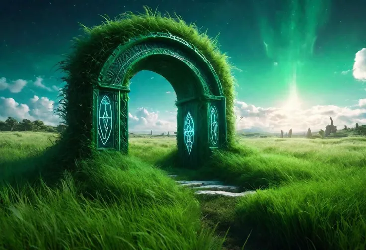 Hyperrealistic art fantasy Temperate Grassland landscape, a ((dark green:1.15)/(purple:.75) glowing Runes) covered (white stone) portal in lush grass field, a detailed matte painting by Mike Winkelmann, cgsociety, fantasy art, blue sky, Extremely high-resolution details, photographic, realism pushed to extreme, fine texture, incredibly lifelike