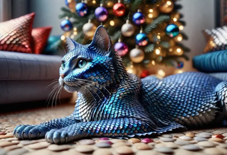 covered in blue scales cat siting next to a pile of (colorful gems), under a Christmas tree, (living room), highly detailed clean, beautiful detailed intricate, 8K,