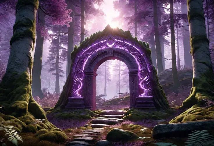 Hyperrealistic art fantasy northern forest landscape, a GlowingRunesAI_purple covered (marble (stone)) portal in the forest, a detailed matte painting by Mike Winkelmann, cgsociety, fantasy art, forest portal, , cgsociety 9 . Extremely high-resolution details, photographic, realism pushed to extreme, fine texture, incredibly lifelike