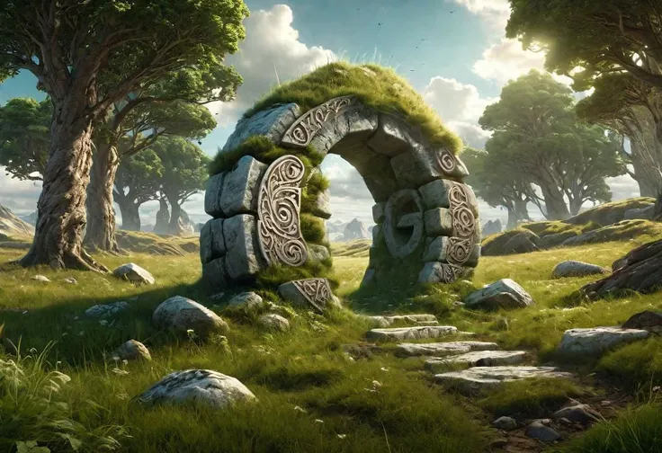 Hyperrealistic art fantasy rolling grassland landscape, a Rune covered (marble (stone)) portal in the grassland, a detailed matte painting by Mike Winkelmann, cgsociety, fantasy art, forest portal, , cgsociety 9 . Extremely high-resolution details, photographic, realism pushed to extreme, fine texture, incredibly lifelike