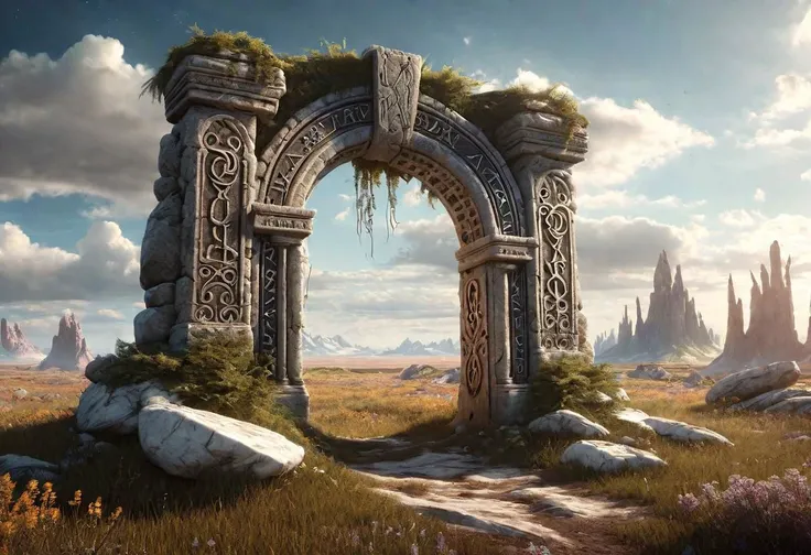 Hyperrealistic art fantasy Prairie landscape, a Rune covered (marble (stone)) portal in thePrairie, a detailed matte painting by Mike Winkelmann, cgsociety, fantasy art, forest portal, , cgsociety 9 . Extremely high-resolution details, photographic, realism pushed to extreme, fine texture, incredibly lifelike