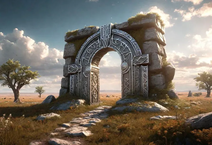 Hyperrealistic art fantasy Prairie landscape, a Rune covered (marble (stone)) portal in the Prairie, a detailed matte painting by Mike Winkelmann, cgsociety, fantasy art, forest portal, , cgsociety 9 . Extremely high-resolution details, photographic, realism pushed to extreme, fine texture, incredibly lifelike