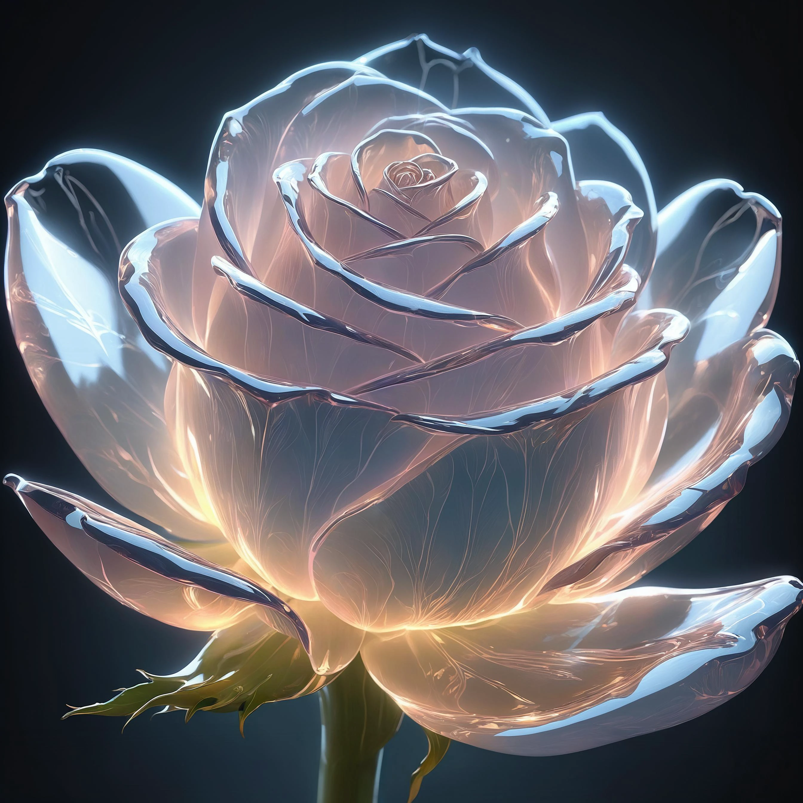 breathtaking a digital illustration of a large translucent glass rosebud , detailed, refractions, reflective, transparent petals revealing a glowing female character figure. harmonious environment . award-winning, professional, highly detailed