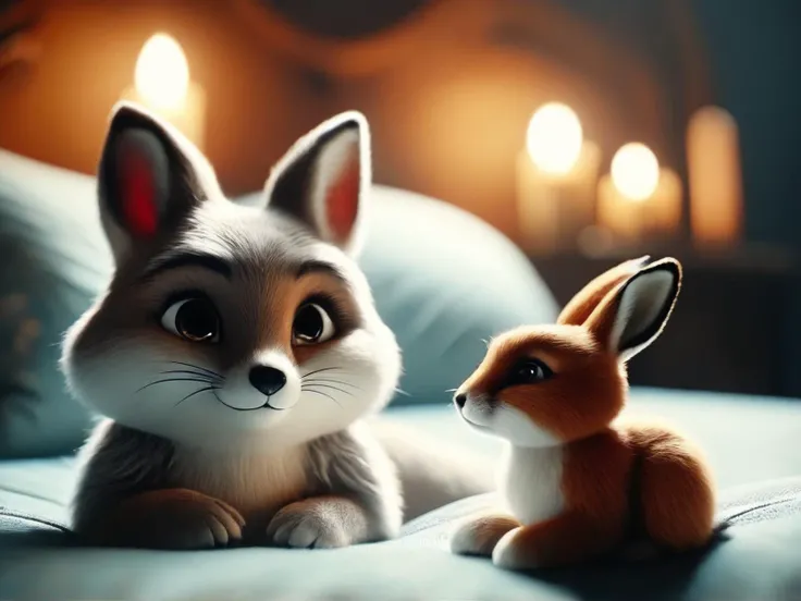 cinematic film still bedroom, fox and rabbit lying in a big bed, saying good night, pyjama, cosy, furry, fluffy, good feelings, happy, ultra detailed, 8k, masterpiece, moonlight, candles, warm, detailed eyes,  <lora:add-detail-xl:1.8> ,<lora:DonMCry5741b411XL:1> DonMCry5741b411XL ,<lora:perfect-eyes:0.8> perfecteyes . shallow depth of field, vignette, highly detailed, high budget, bokeh, cinemascope, moody, epic, gorgeous, film grain, grainy