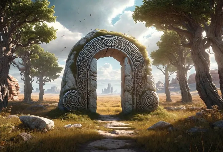 Hyperrealistic art fantasy Prairie landscape, a Rune covered (marble (stone)) portal in the Prairie, a detailed matte painting by Mike Winkelmann, cgsociety, fantasy art, forest portal, , cgsociety 9 . Extremely high-resolution details, photographic, realism pushed to extreme, fine texture, incredibly lifelike