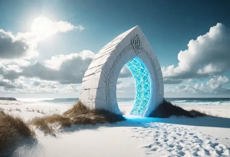 Hyperrealistic art fantasy harsh Nordic beach landscape, a glowing Runes covered (white stone) magical portal, a detailed matte painting by Mike Winkelmann, cgsociety, fantasy art, magical stone portal, blue sky, Extremely high-resolution details, photographic, realism pushed to extreme, fine texture, incredibly lifelike
