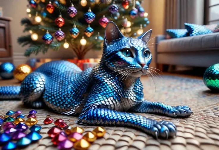 covered in blue scales cat siting next to a pile of (colorful gems), under a Christmas tree, (living room), highly detailed clean, beautiful detailed intricate, 8K,