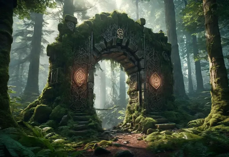 Hyperrealistic art fantasy forest landscape, a magic rune covered portal in the forest, a detailed matte painting by Mike Winkelmann, cgsociety, fantasy art, forest portal, , cgsociety 9 . Extremely high-resolution details, photographic, realism pushed to extreme, fine texture, incredibly lifelike