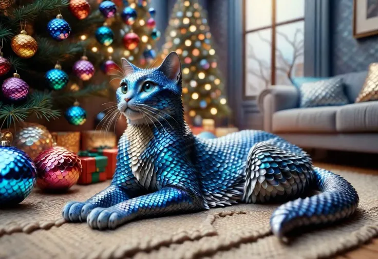 covered in blue scales cat siting next to a pile of (colorful gems), under a Christmas tree, (living room), highly detailed clean, beautiful detailed intricate, 8K,