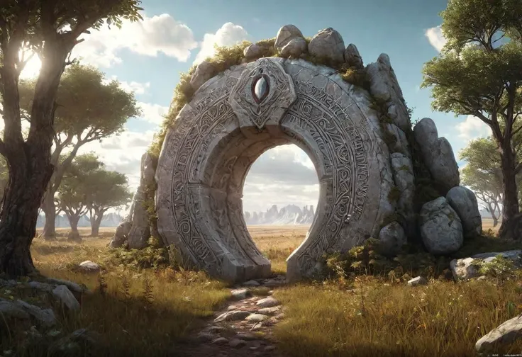 Hyperrealistic art fantasy Prairie landscape, a Rune covered (marble (stone)) portal in the Prairie, a detailed matte painting by Mike Winkelmann, cgsociety, fantasy art, forest portal, , cgsociety 9 . Extremely high-resolution details, photographic, realism pushed to extreme, fine texture, incredibly lifelike