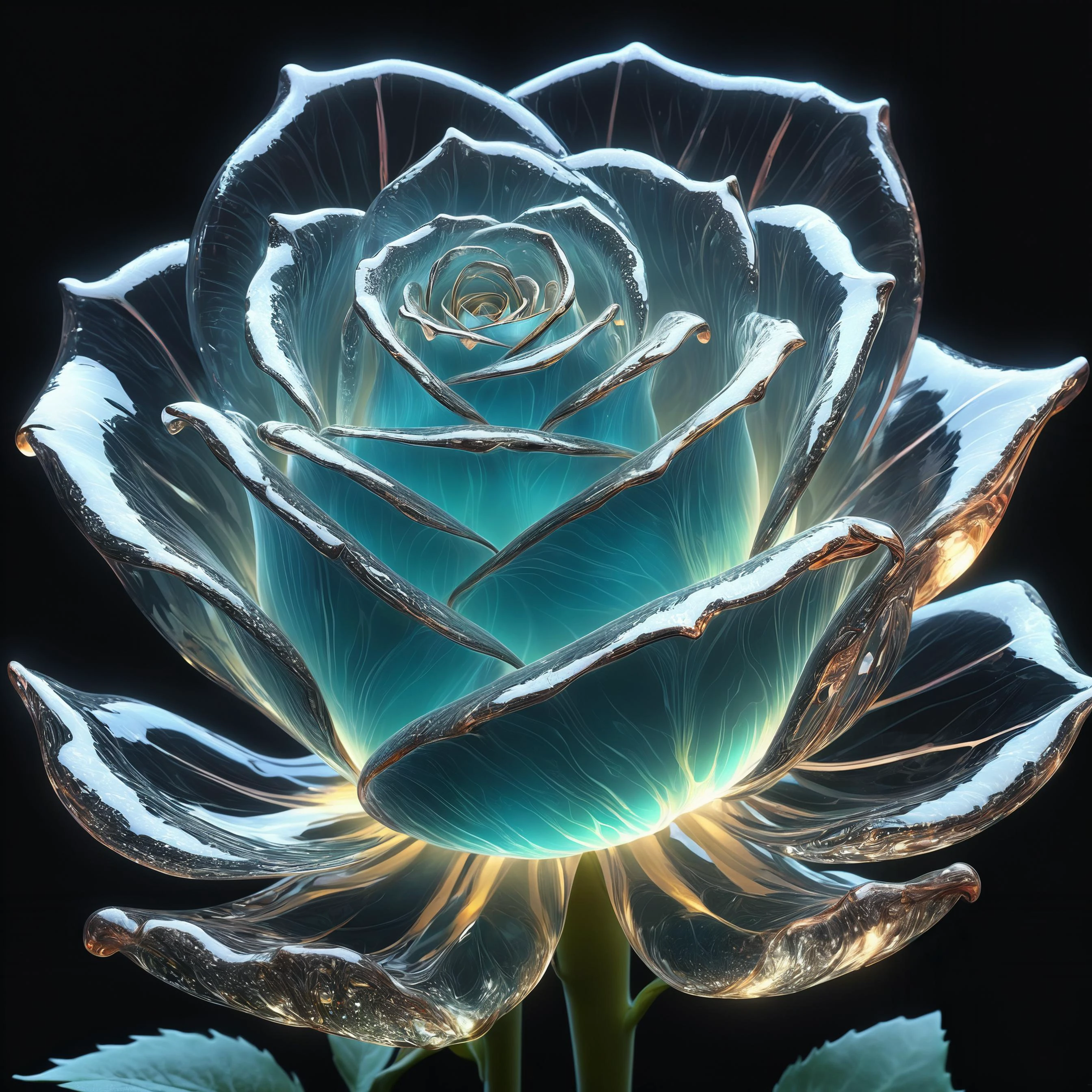 breathtaking a digital illustration of a large translucent glass rosebud , detailed, refractions, reflective, transparent petals revealing a (glowing female character figure). fitting harmoniously into the dramatic abstract environment . award-winning, professional, highly detailed