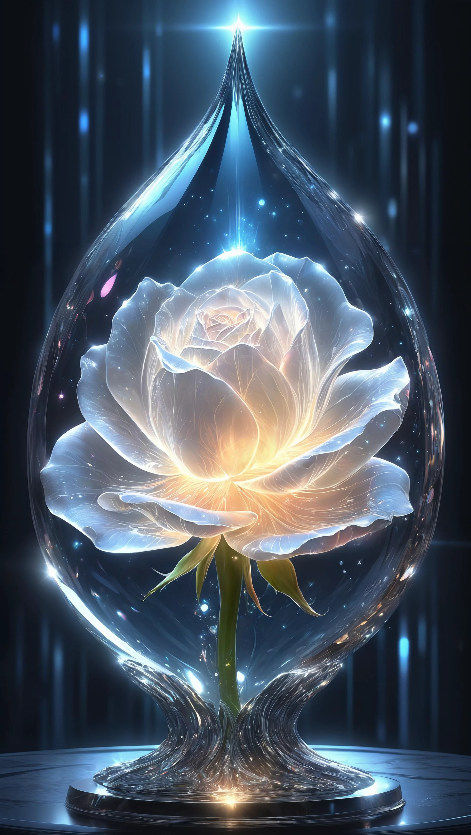 breathtaking a digital illustration of a large translucent glass rosebud , detailed, refractions, reflective, (transparent petals revealing a (glowing female character figure)), sacred mysterious event setting . award-winning, professional, highly detailed