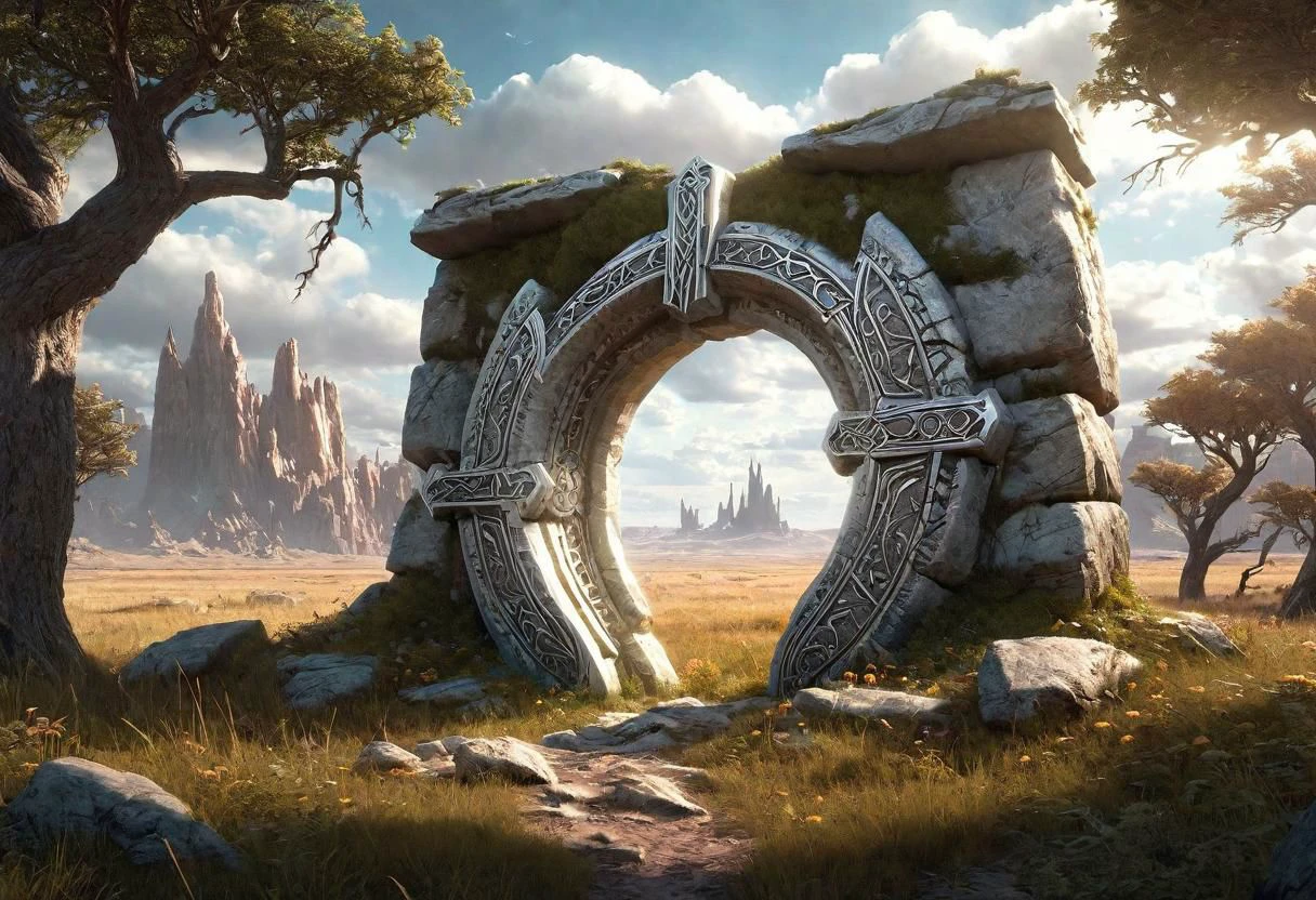 Hyperrealistic art fantasy Prairie landscape, a Rune covered (marble (stone)) portal in the Prairie, a detailed matte painting by Mike Winkelmann, cgsociety, fantasy art, forest portal, , cgsociety 9 . Extremely high-resolution details, photographic, realism pushed to extreme, fine texture, incredibly lifelike