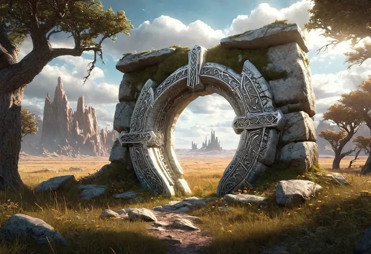 Hyperrealistic art fantasy Prairie landscape, a Rune covered (marble (stone)) portal in the Prairie, a detailed matte painting by Mike Winkelmann, cgsociety, fantasy art, forest portal, , cgsociety 9 . Extremely high-resolution details, photographic, realism pushed to extreme, fine texture, incredibly lifelike