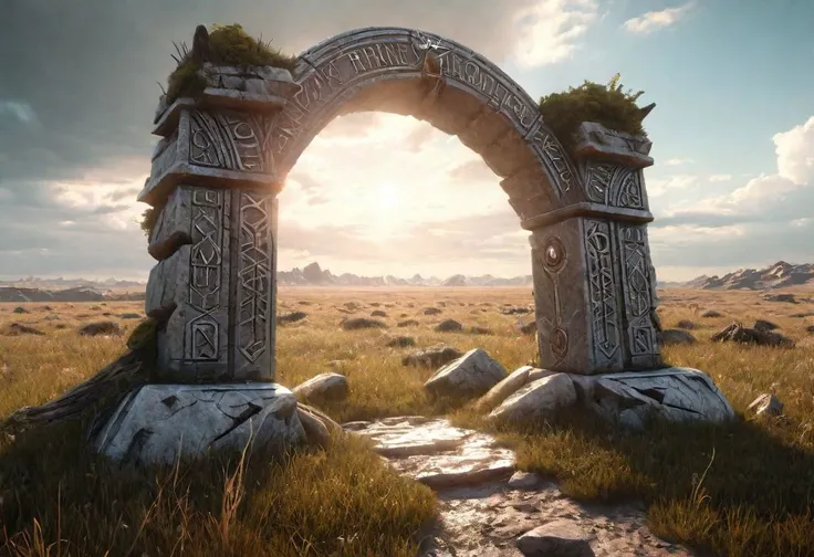 Hyperrealistic art fantasy Prairie landscape, a Rune covered (marble (stone)) portal in the Prairie, a detailed matte painting by Mike Winkelmann, cgsociety, fantasy art, forest portal, , cgsociety 9 . Extremely high-resolution details, photographic, realism pushed to extreme, fine texture, incredibly lifelike