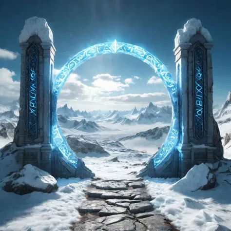 Hyperrealistic art fantasy tundra landscape, a glowing Runes covered ((blue) crystal)/((white) Marble) (magical:1.2) Circular gate (portal:1.3), a detailed matte painting by Mike Winkelmann, cgsociety, fantasy art, blue sky, Extremely high-resolution details, photographic, realism pushed to extreme, fine texture, incredibly lifelike