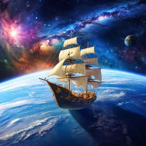 a small ship sailing around the earth, galaxy