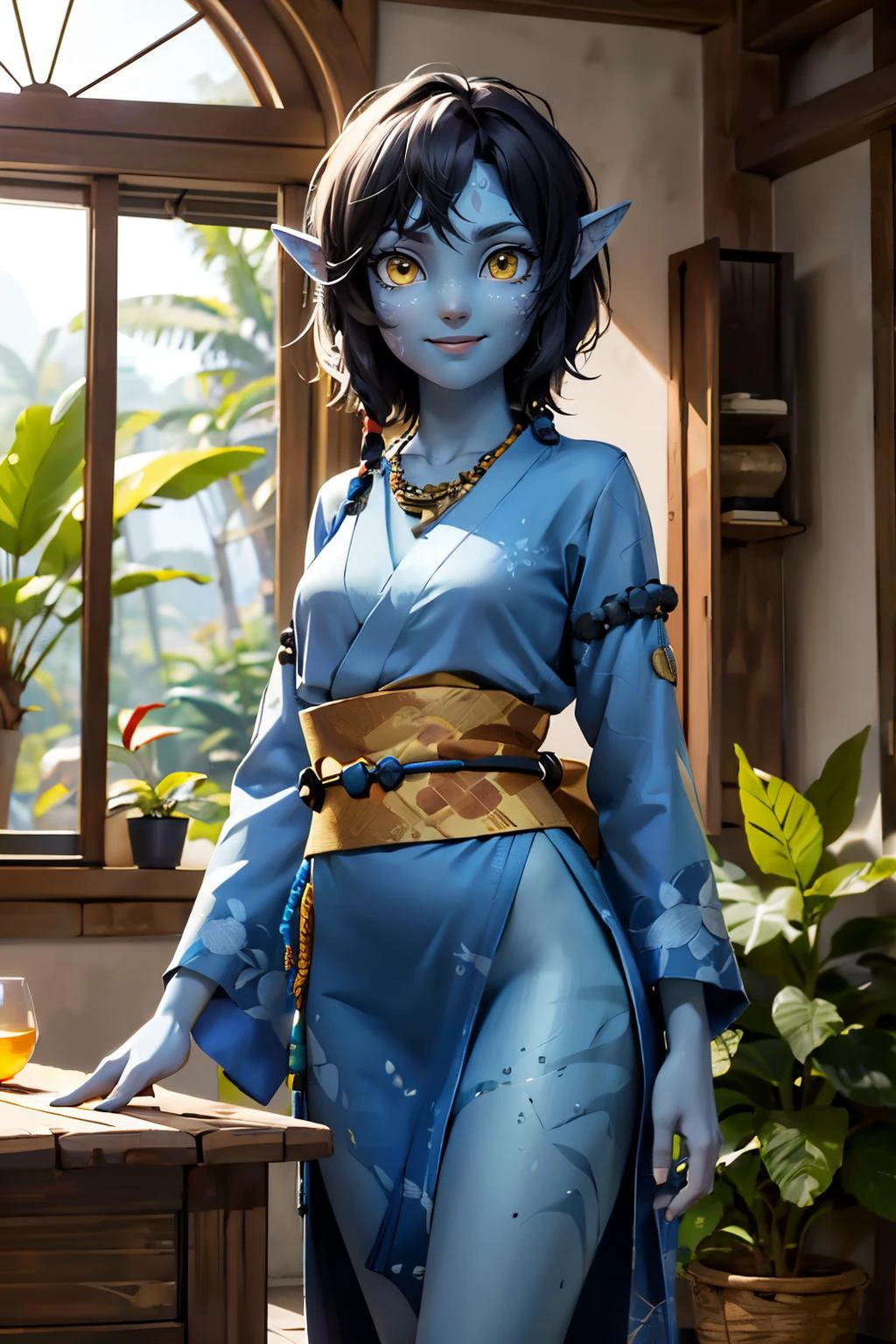 AvKiri, colored skin, blue skin, yellow eyes, short black hair, necklace, beads, traditional kimono, sash, long sleeves, bottomless, looking at viewer,serious, smiling, standing, inside cozy living room, window, jungle, soft lighting, high quality, masterpiece, <lora:AvKiri:.7>