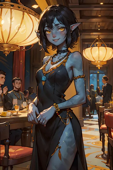 AvKiri, colored skin, blue skin, yellow eyes, short black hair, necklace, beads, black dress, hip vent, looking at viewer, smiling, blush, standing, inside fancy dining room, chandelier, crowd, high quality, masterpiece, <lora:AvKiri:.7>